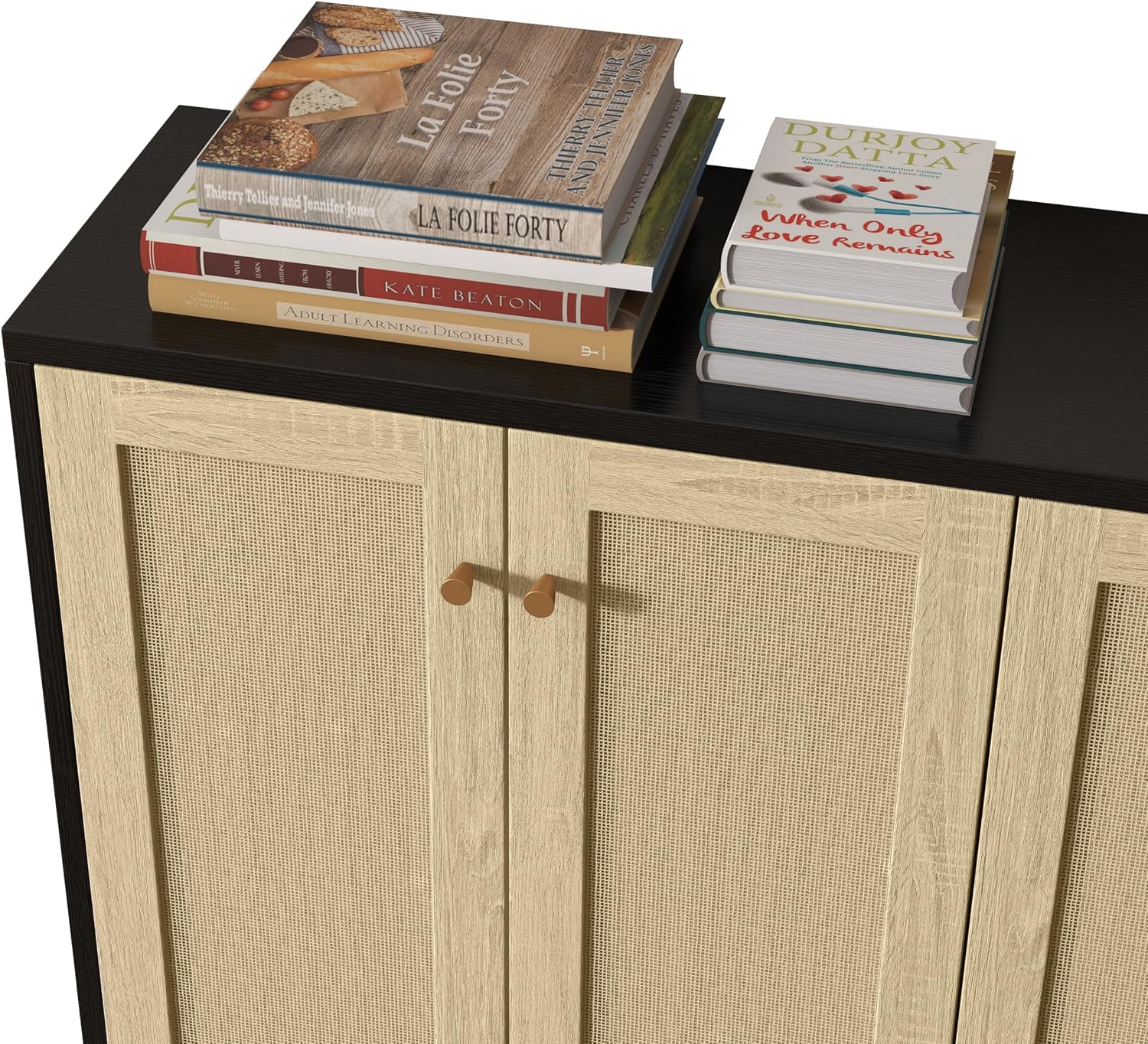 Panana Sideboard Accent Storage Cabinet with Rattan Decorated 4 Doors Dining Room Freestanding Kitchen Buffet Table Cupboard (Black)