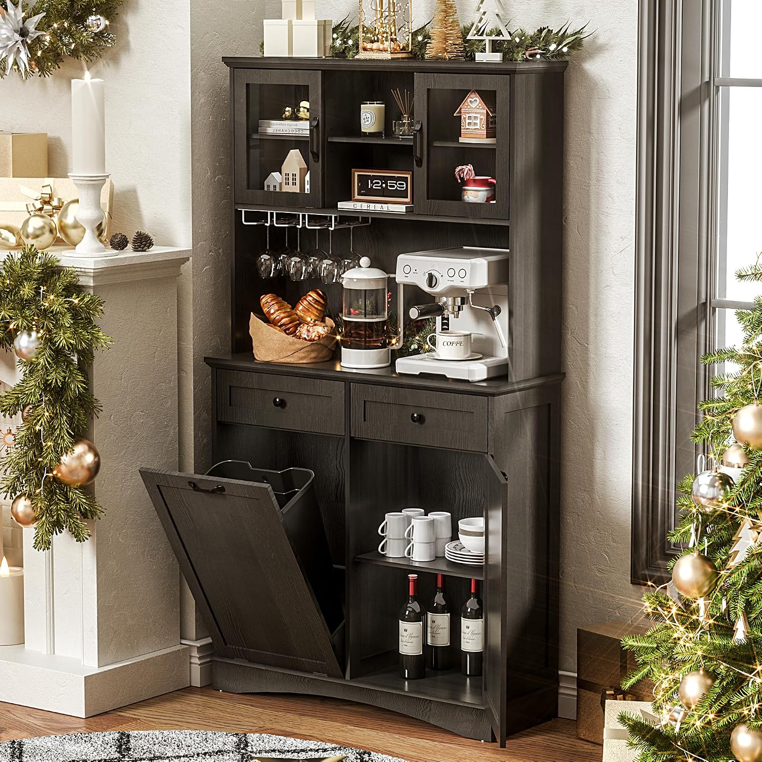 Tilt Out Trash Cabinet, Kitchen Pantry Storage Cabinets with Adjustable Shelves and Drawers, Wooden Freestanding Cabinet Trash Cans for Kitchen Living Room Dining Room, Black, 13 Gallons
