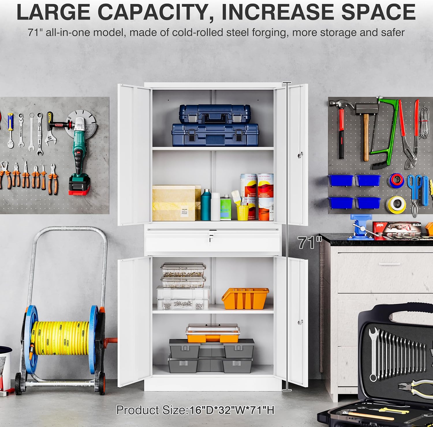 SISESOL White Metal Storage Cabinet with Drawer and Locks,Garage Storage Cabinet with Locking Doors and Adjustable Shelves,71' Tall Large Metal Cabinets with Magnetic Door for Home,Office,Garage