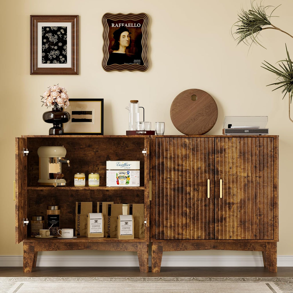 BORNOON Storage Cabinet with Doors and Adjustable Shelf, Modern Fluted Sideboard Buffet Cabinet, Freestanding Coffee Bar for Kitchen, Pantry, Entryway, Living Room (Rustic Brown)