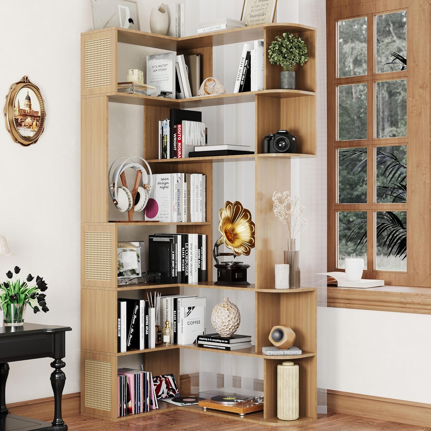 Corner Bookshelf 7-Tier,Farmhouse Corner Shelf,Tall Book Shelf L-Shaped Shelf Display Rack for Bedroom,Large Etagere Bookcase for Home Office Shelves(M-Walnut Wood)