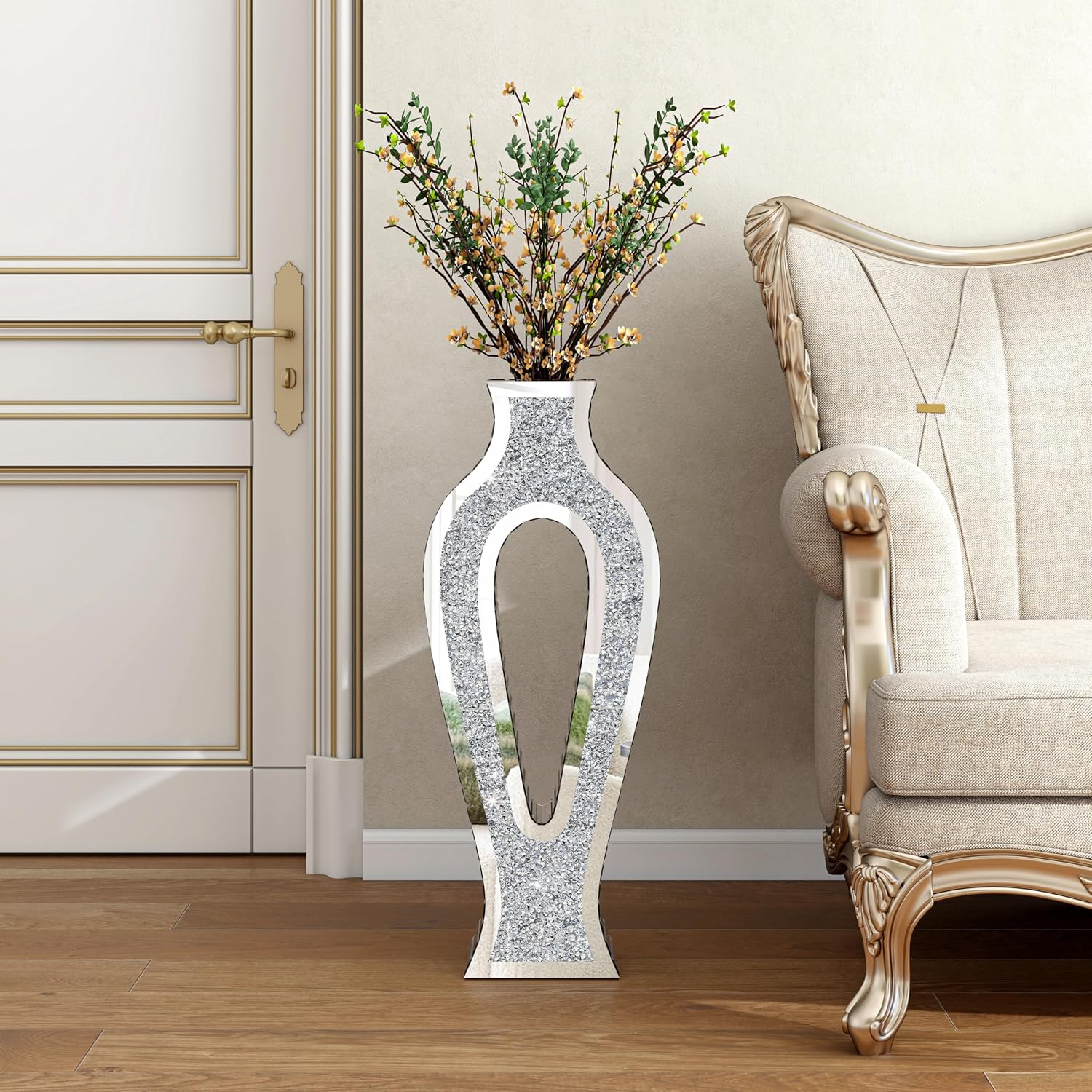 SHYFOY Mirror Floor Vase with Silver Crystal Diamond Accents – Modern Hollow Tall Glass Vases for Living Room Decor, 30'' Large Shiny Bling Vase for Pampas Grass or Faux Flowers