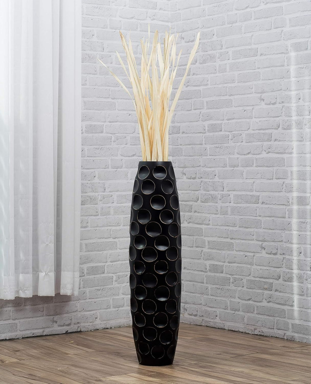 Leewadee Large Black Home Decor Floor Vase - Wooden 26 inch Tall Farmhouse Decor Flower Holder for Fake Plant and Pampas Grass