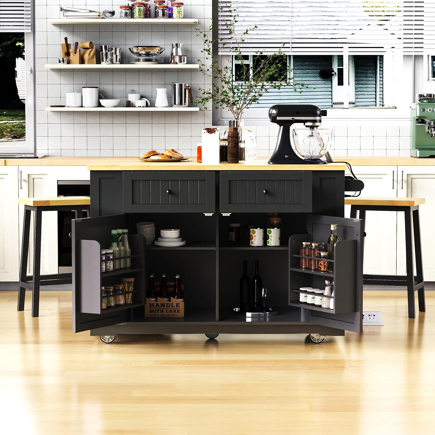 48 Inch Rolling Kitchen Island Storage Cart on 5 Wheels with Drop Leaf, Power Outlet, Door Internal Storage Rack, 5 Open Side Racks, 2 Drawers for Dining Room, Home Bar, Black