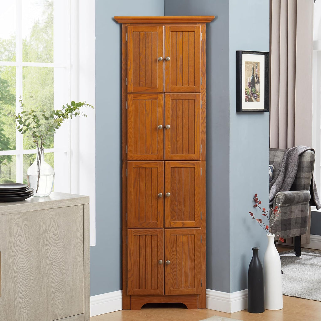 72' Corner Design Freestanding Storage Cabinet, Kitchen Storage Bakers Rack with Sleek Metal Handles, Utility Food Cupboard with 4-Tier Shelves for Kitchen, Bathroom, Living Room, Oak
