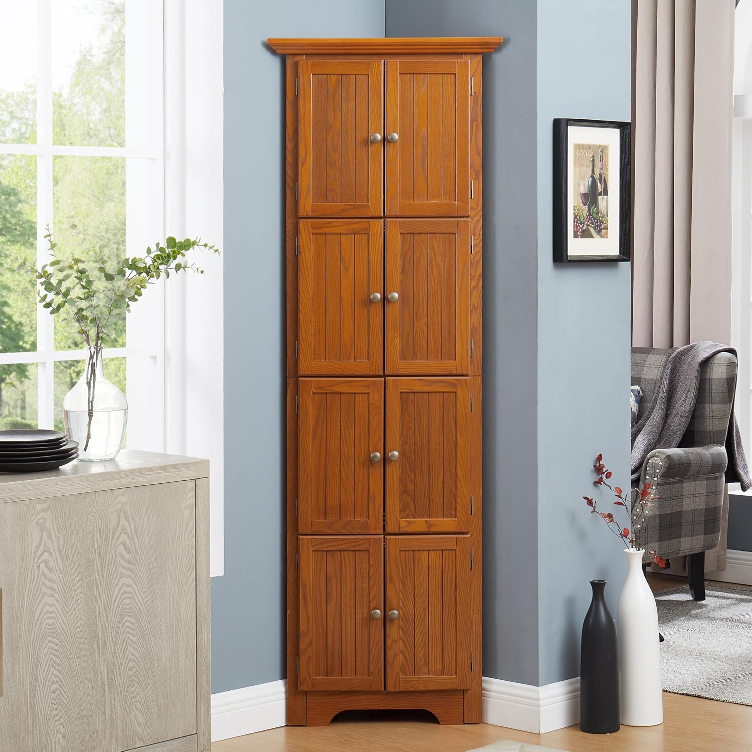 72' Corner Design Freestanding Storage Cabinet, Kitchen Storage Bakers Rack with Sleek Metal Handles, Utility Food Cupboard with 4-Tier Shelves for Kitchen, Bathroom, Living Room, Oak