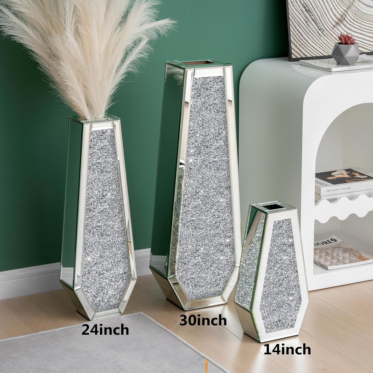 SHYFOY 30' Floor Vase Crushed Diamond Mirrored Vase Silver Tall Vases for Floor, Large Crystal Glass Decorative Floor Vases for Living Room Office Corner Hallway Home Decor
