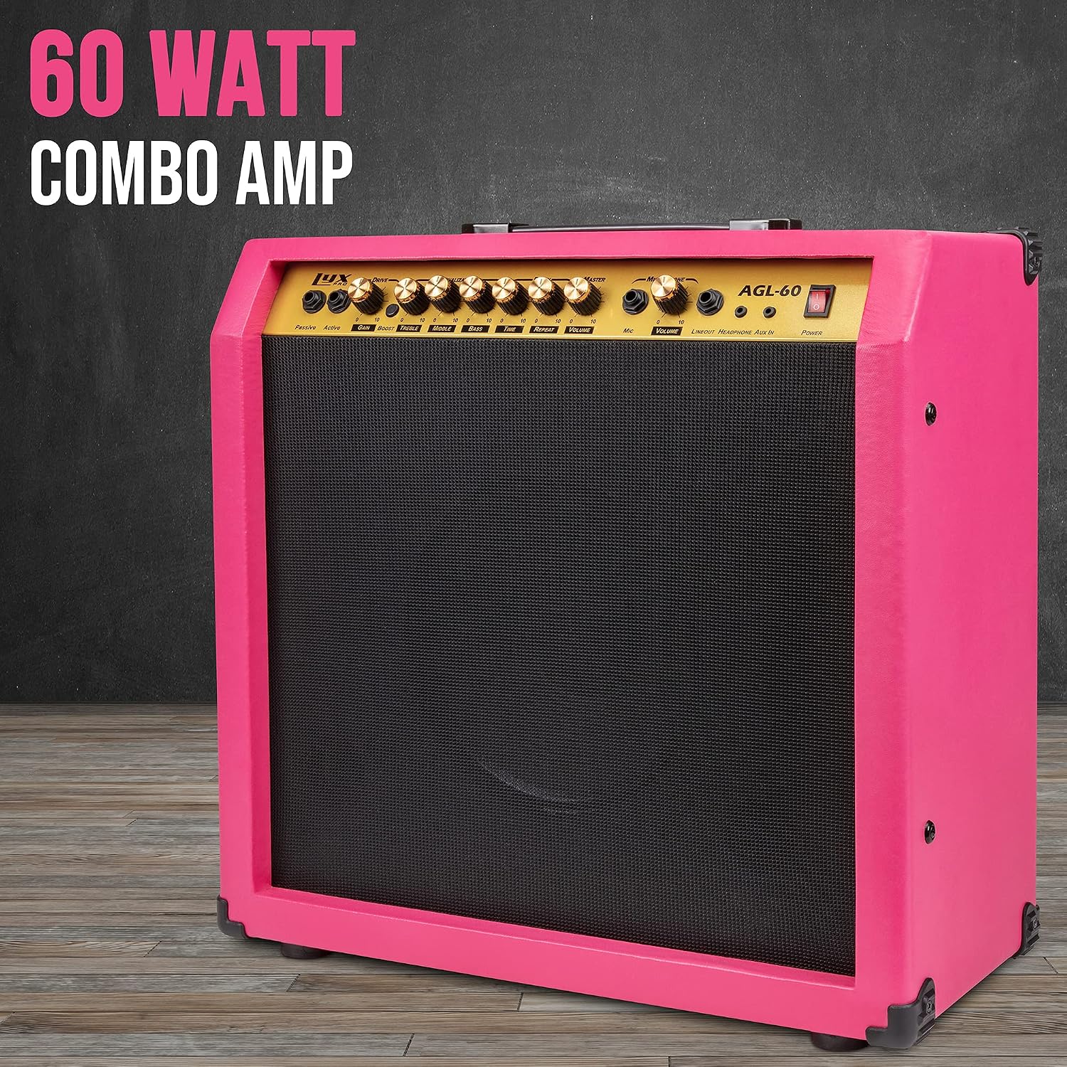 LyxPro 60 Watt Electric Guitar Amplifier | Combo Solid State Studio & Stage Amp with 10' 4-Ohm Speaker, Custom EQ Controls, Drive, Delay, ¼' Passive/Active/Mic Inputs, Aux In & Headphone Jack - Pink