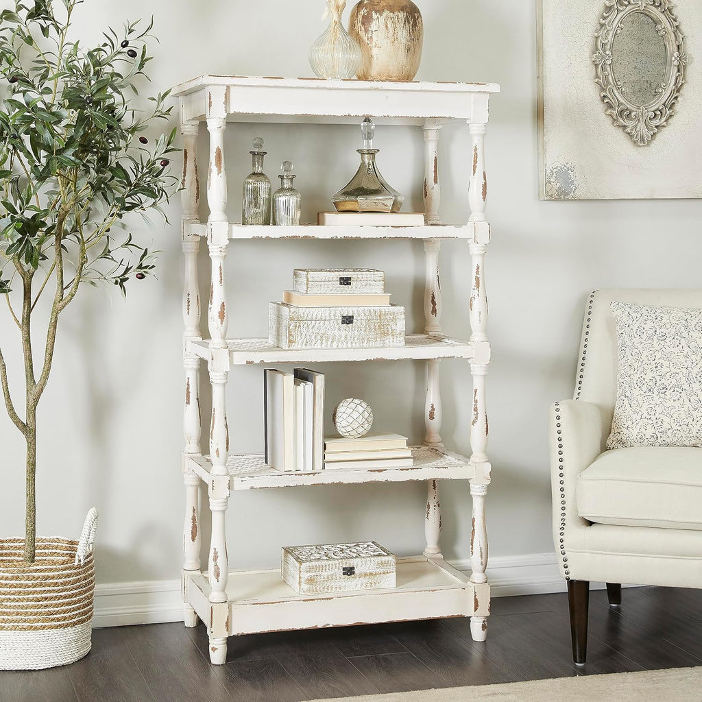 Deco 79 Farmhouse Distressed White Wood Bookshelf with Pierced Metal Interior Shelves & Turned Column Frame Shelving Unit, 30' x 16' x 55' White