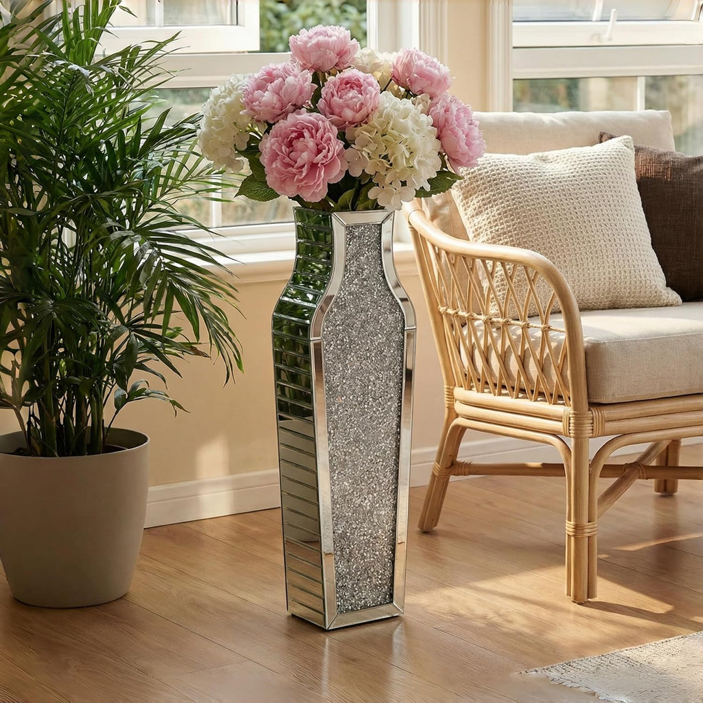 30' Large Double Sided Crushed Diamond Floor Vases,Tall Silver Mirrored Crystal Vase for Floor,Big Floor Vases Decorative Tall for Home,Office,Hotel(Silver,8.6' L x 5.3' W x 30' H)
