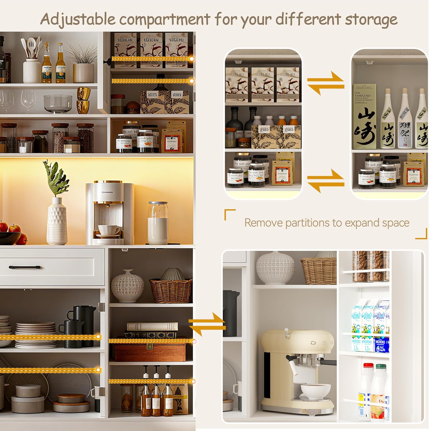 FJTJBSI 72' Kitchen Pantry Cabinet with LED Light and Charging Station Tall Pantry Storage Cabinet with Adjustable Shelves and Door Shelves Modern Kitchen Hutch with Microwave Stand and Countertop