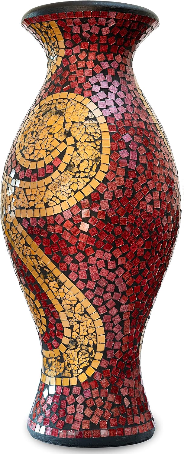 Floor Vase, 24 Inch Mosaic Vase – Tall Cylinder Made of Terracotta with Ruby Red and Gold Glass Mosaic Pieces – Handcrafted Decorative Home Décor Accent Piece for Bedroom, Living Room, Office