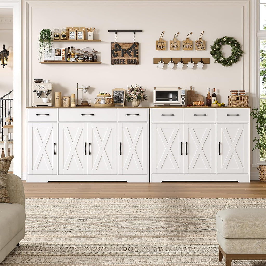 HOSTACK Buffet Cabinet with Drawers, 55' Large Sideboard Buffet Storage Cabinet with Shelves and Doors, Modern Farmhouse Coffee Bar Station Wood Kitchen Table for Kitchen, Dining Room, White/Rustic