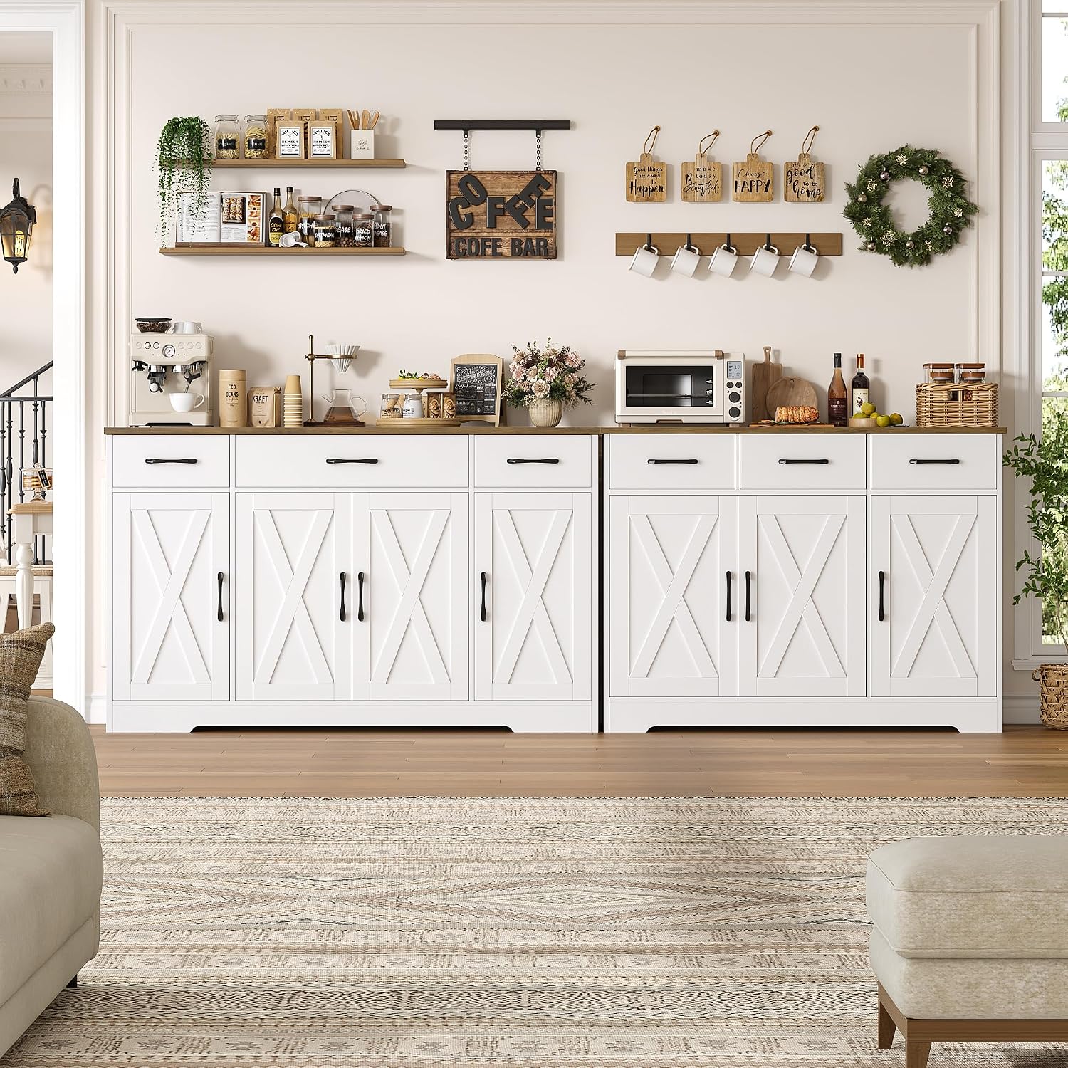 HOSTACK Buffet Cabinet with Drawers, 55' Large Sideboard Buffet Storage Cabinet with Shelves and Doors, Modern Farmhouse Coffee Bar Station Wood Kitchen Table for Kitchen, Dining Room, White/Rustic