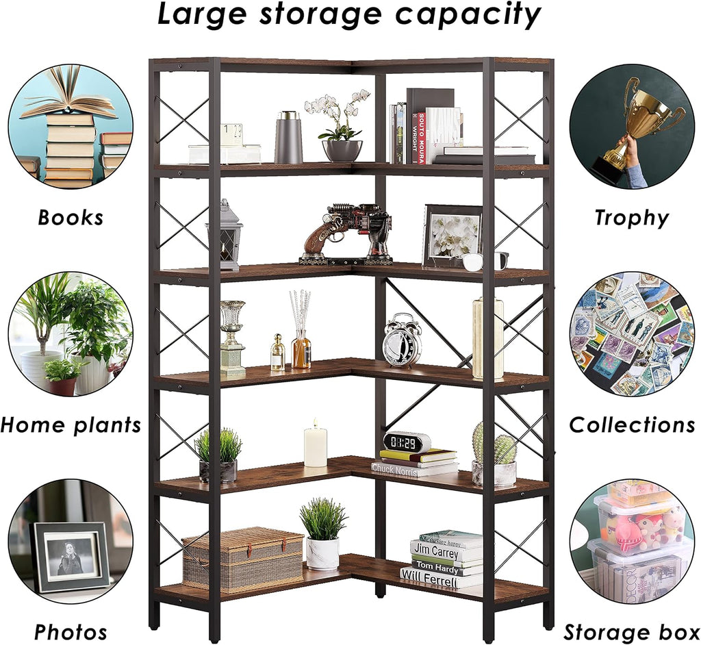 Corner Bookshelf 6-Tier, Tall Book Shelf L-Shaped, Large Etagere Bookcase Industrial Style with Metal Frame for Home Office Shelves