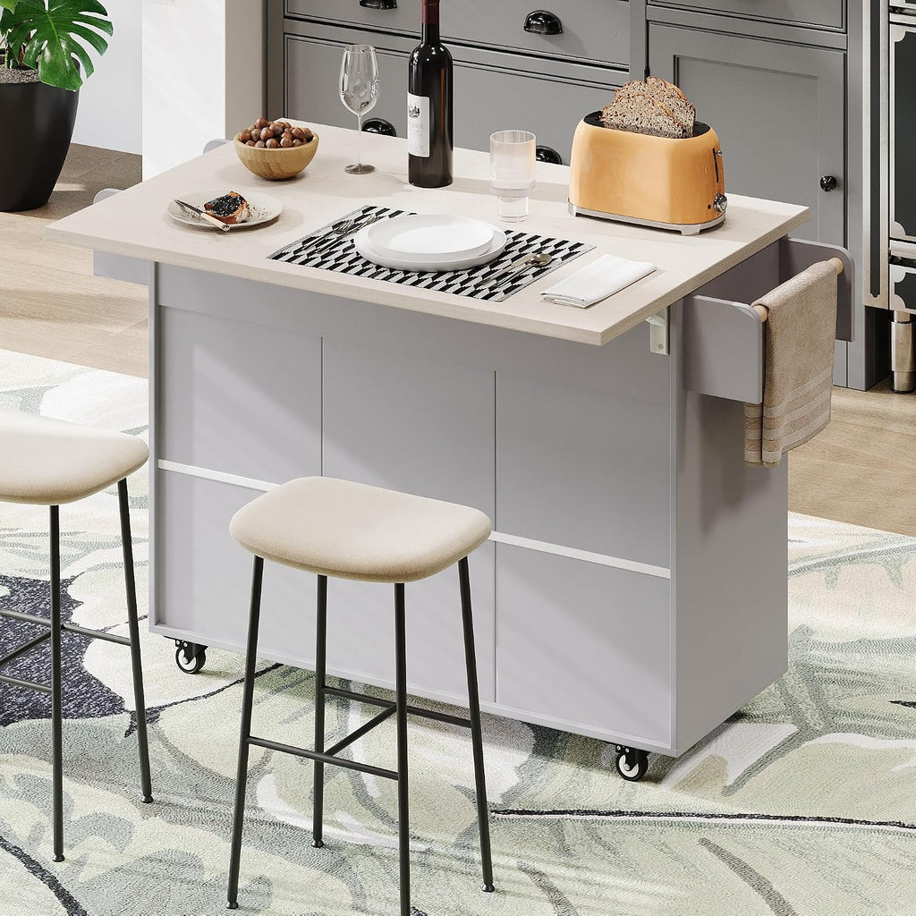 Rolling Kitchen Island Carton Wheels with Trash Can Storage Cabinet, Drop Leaf, Spice Rack, Towel Rack, Drawer, Adjustable Shelf for Dining Room Kitchens Grey