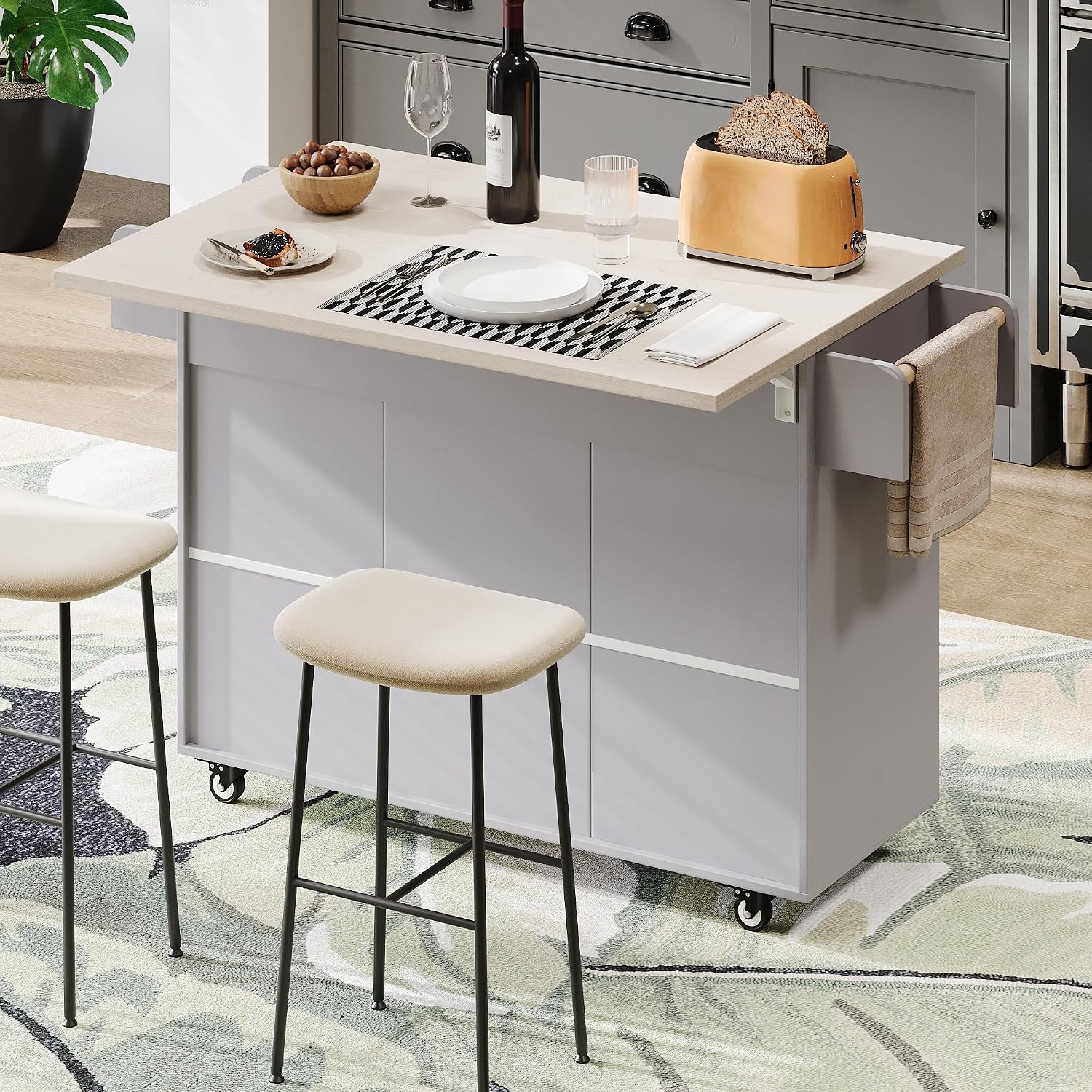 Rolling Kitchen Island Carton Wheels with Trash Can Storage Cabinet, Drop Leaf, Spice Rack, Towel Rack, Drawer, Adjustable Shelf for Dining Room Kitchens Grey