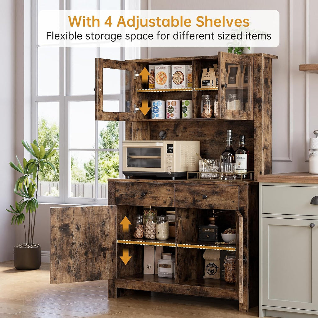 GarveeHome Kitchen Pantry Cabinet with Microwave Stand, Freestanding Hutch Cabinet with Buffet Cupboard, Tall Kitchen Cabinets with Adjustable Shelves for Dining Room, Brown