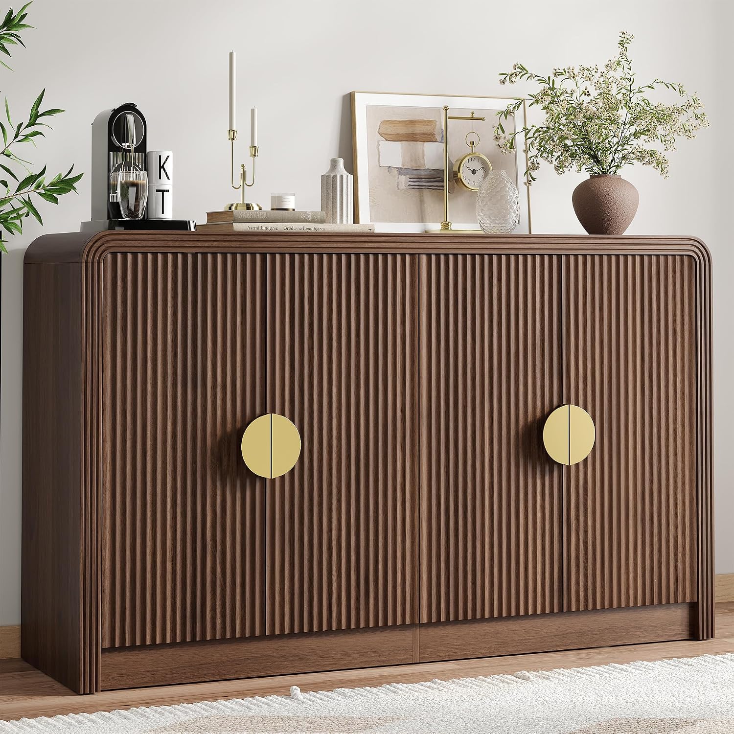 Decofy 55' Buffet Sideboard Cabinet, Mid Century Modern Console Cabinet with Wavy Grain Doors & Adjustable Shelves for Kitchen Cabinets, Living Room, Entryway, Coffee Bar Cabinet, Walnut