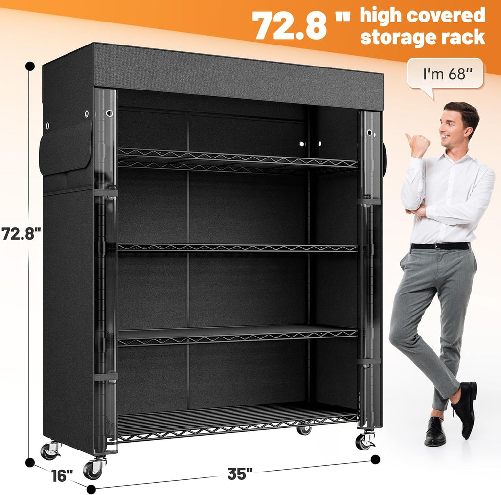 REIBII 72.8' H Storage Shelves with Cover & Wheels, Wire Shelving Heavy Duty Metal Shelving for Pantry Kitchen Garage, Storage Rack Shelf Shelving for Commercial Industrail, 35' W*16' D*72.8' H