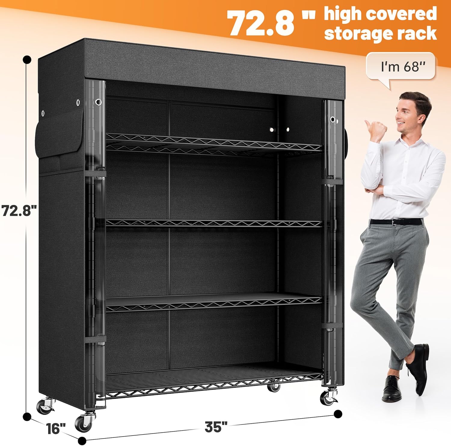 REIBII 72.8' H Storage Shelves with Cover & Wheels, Wire Shelving Heavy Duty Metal Shelving for Pantry Kitchen Garage, Storage Rack Shelf Shelving for Commercial Industrail, 35' W*16' D*72.8' H