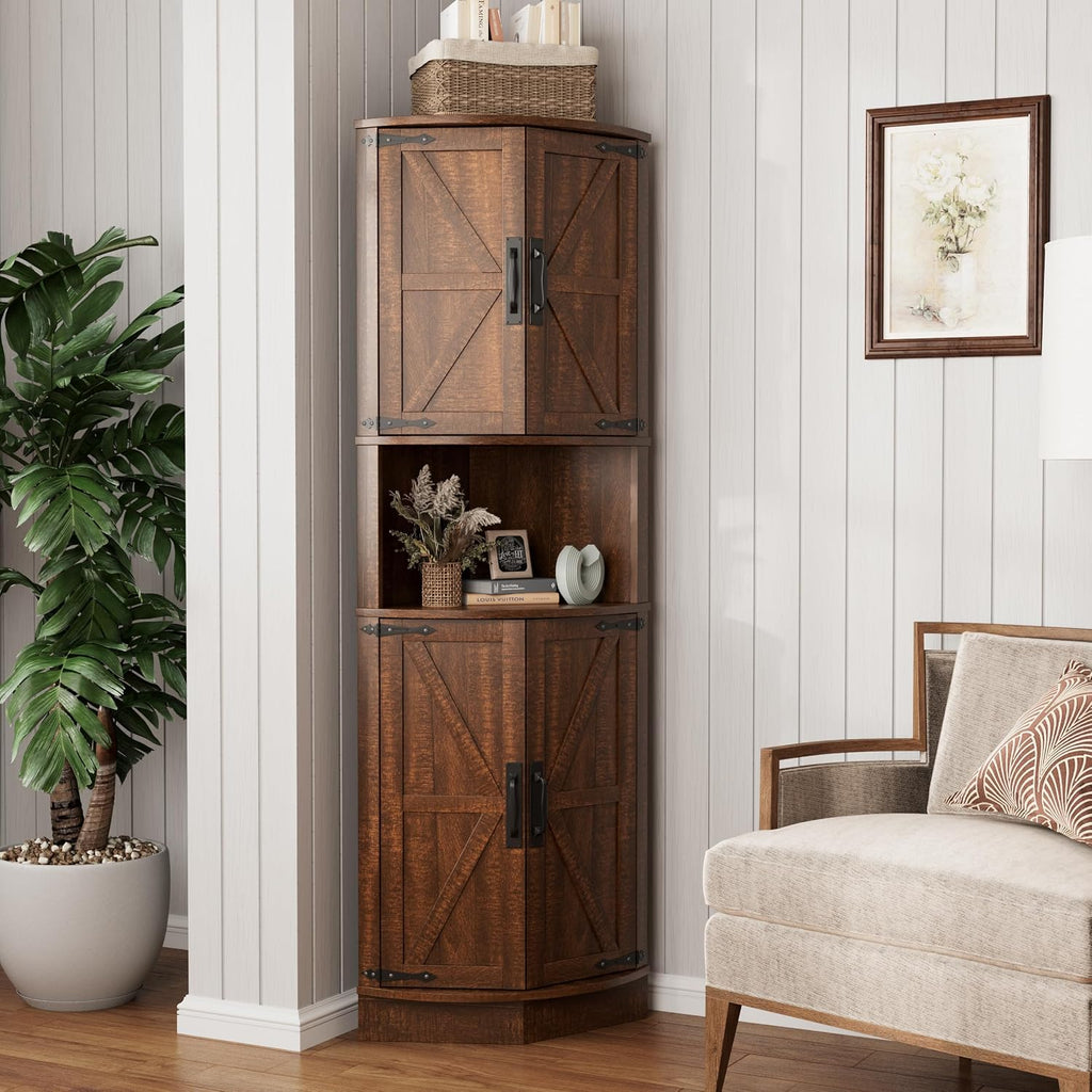 Vabches 64.8' Tall Farmhouse Corner Cabinet with 4 Doors and 5 Storage Shelves, Farmhouse Storage Cabinet with Barn Door Design, Home Space Saver for Living Room, Kitchen, Laundry Room,Brown