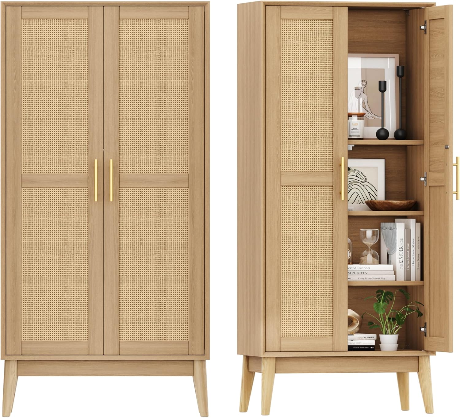 Keehusux 55' Rattan Tall Storage Cabinet, Bathroom Floor Cabinet with 2 Doors, Adujustable Shelf and Solid Wood Legs, Cupboard, Kitchen Pantry for Living Room, Dining Room, Natural KES020MCWG