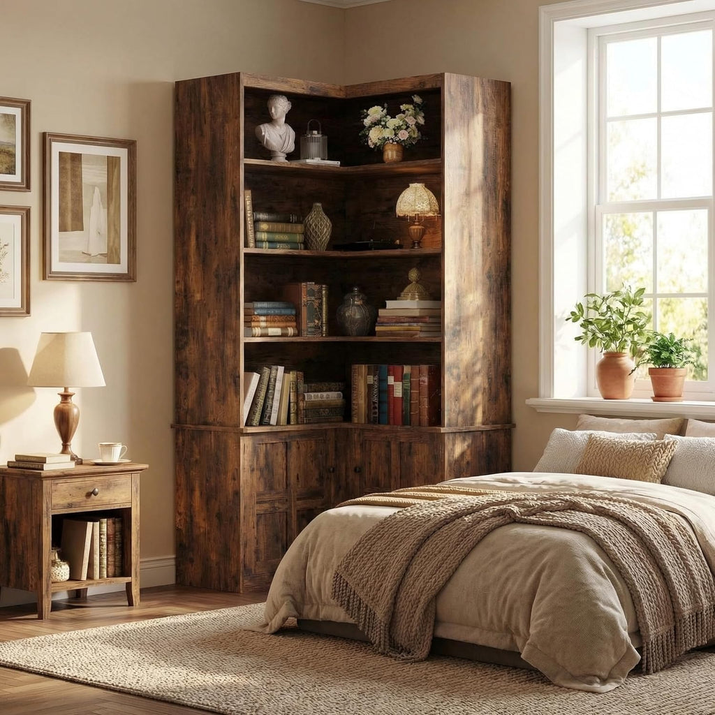 IRONCK Corner Bookshelf with Doors, 6-Tier Tall Corner Bookcase with Storage Cabinet, L-Shaped Corner Shelf for Living Room, Home Office, Vintage Brown