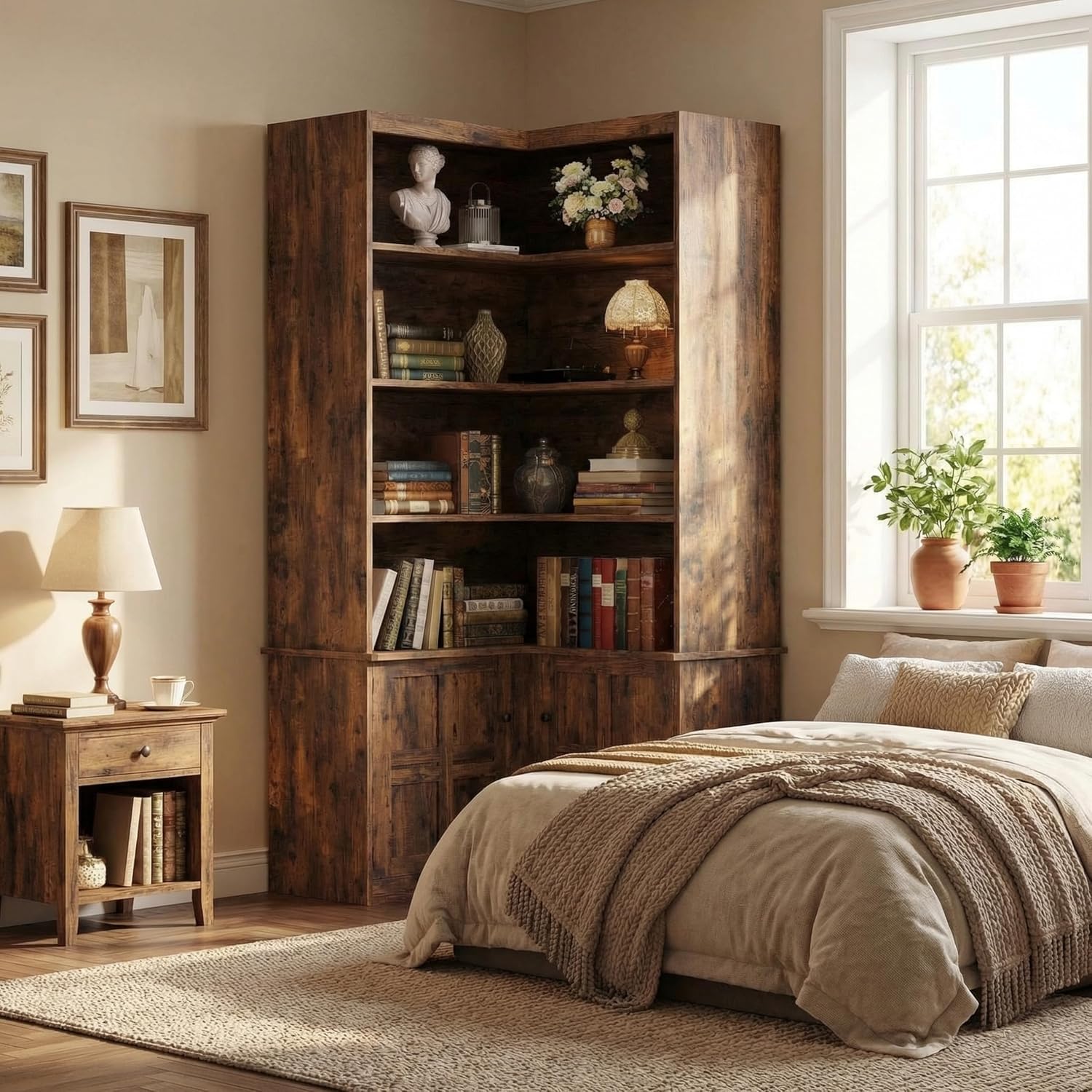 IRONCK Corner Bookshelf with Doors, 6-Tier Tall Corner Bookcase with Storage Cabinet, L-Shaped Corner Shelf for Living Room, Home Office, Vintage Brown