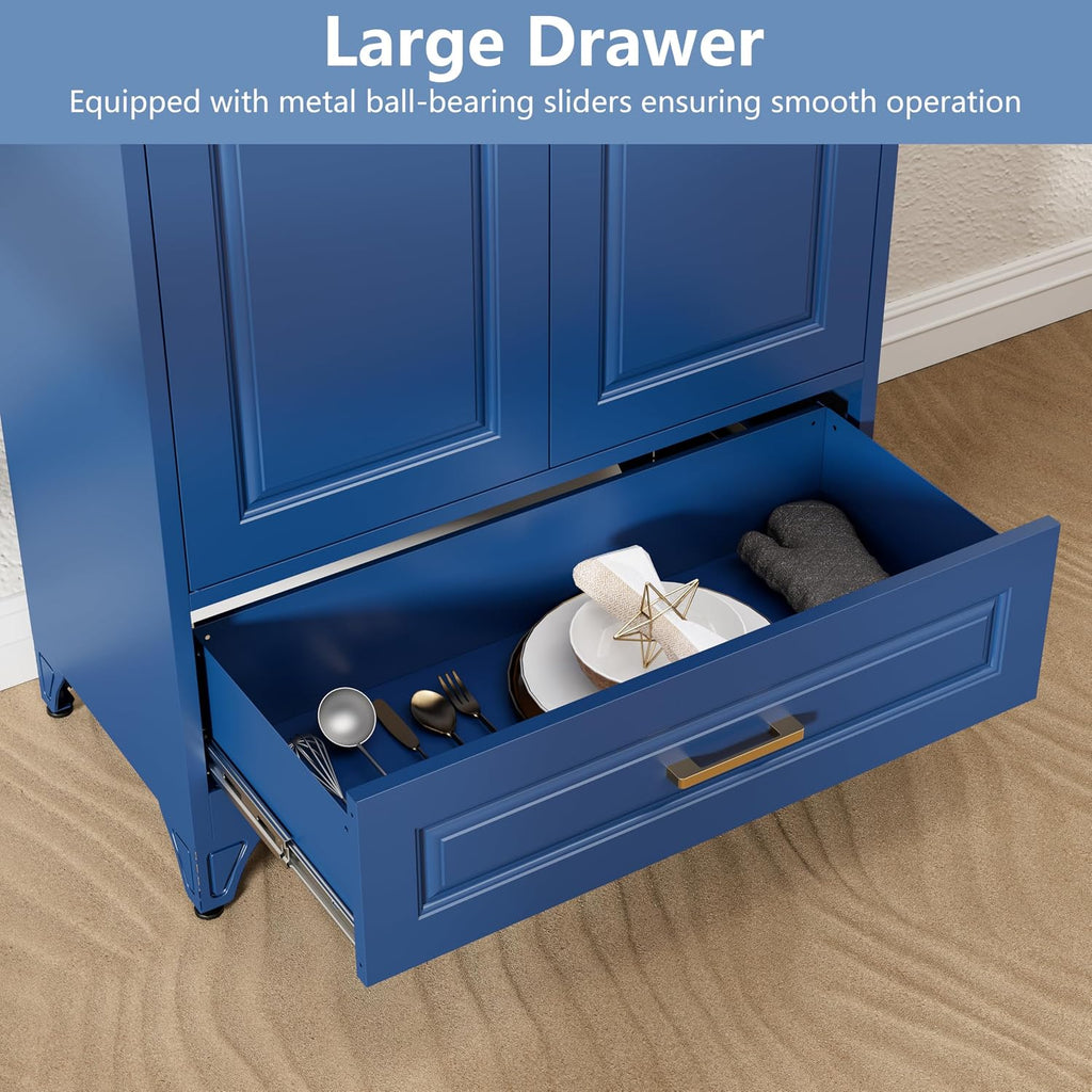 Polup Metal Storage Cabinet,75' Tall Kitchen Pantry Storage Cabinet with Doors and Adjustable Shelves, Blue Metal Pantry Cabinets with Drawer, Large Cupboard for Kitchen, Dining Living Room