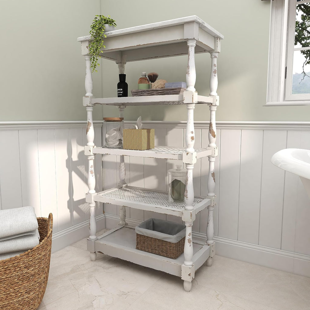 Deco 79 Farmhouse Distressed White Wood Bookshelf with Pierced Metal Interior Shelves & Turned Column Frame Shelving Unit, 30' x 16' x 55' White