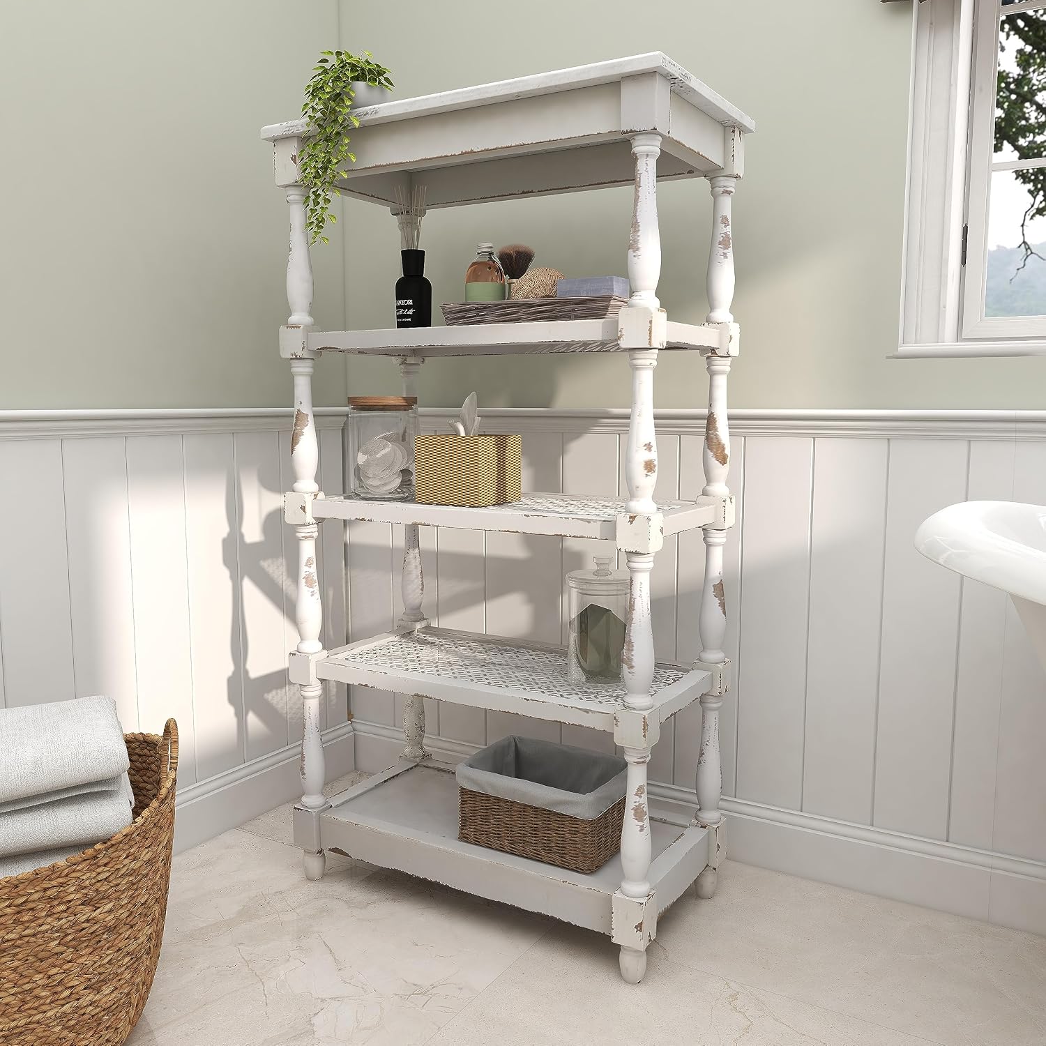 Deco 79 Farmhouse Distressed White Wood Bookshelf with Pierced Metal Interior Shelves & Turned Column Frame Shelving Unit, 30' x 16' x 55' White