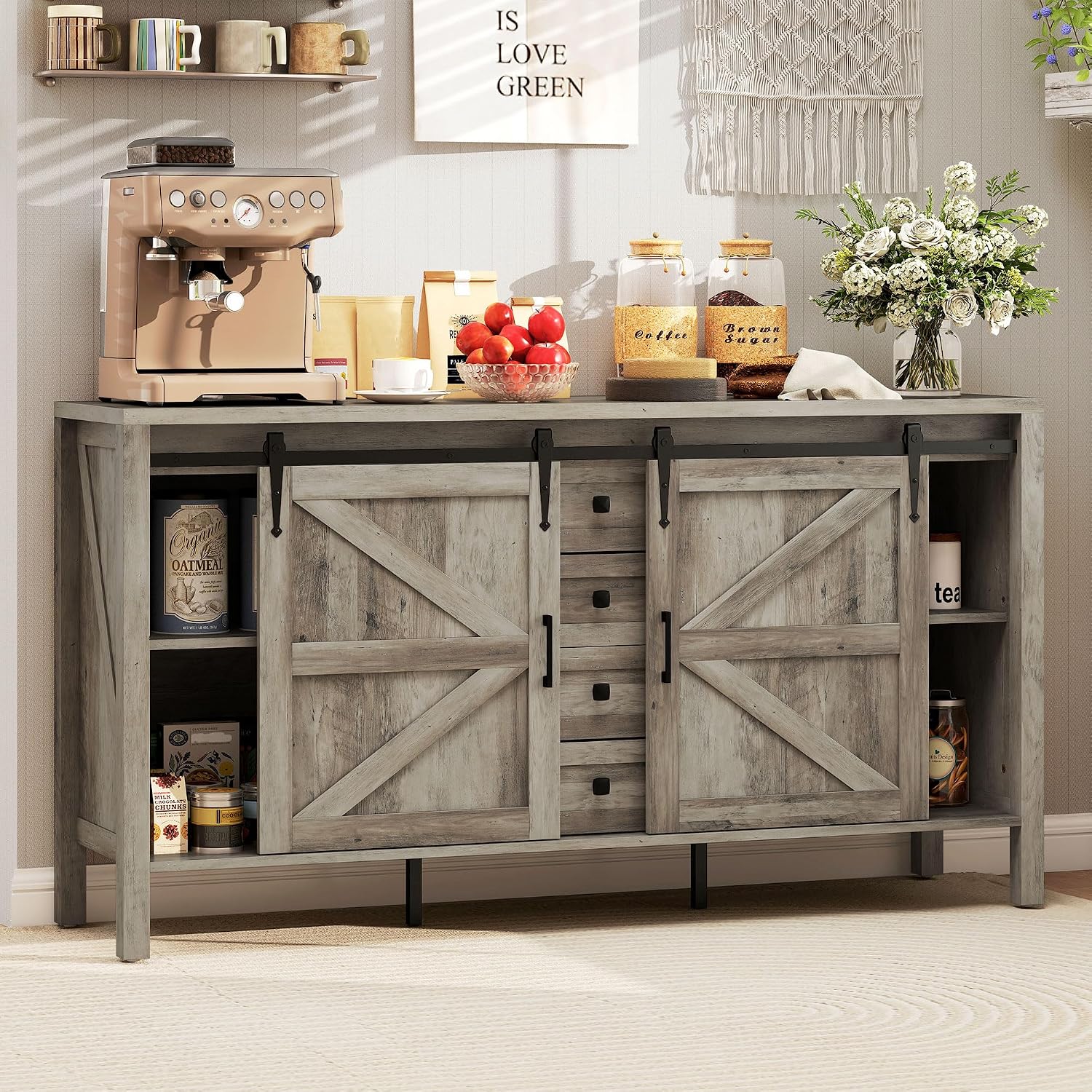 HOMCOM 59 Inch Farmhouse Sideboard Buffet Cabinet with Thick Top, Coffee Bar Cabinet with 2 Sliding Barn Doors, 4 Drawers and 2 Adjustable Shelves for Kitchen, Gray Wash