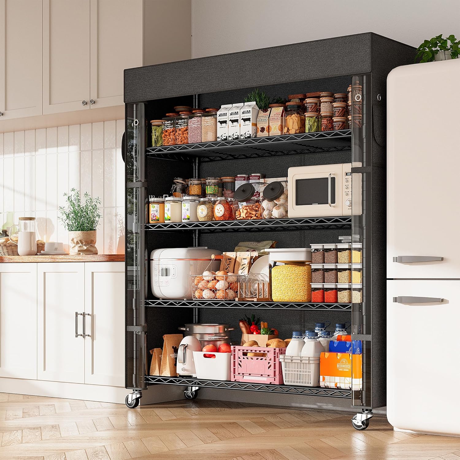 REIBII 72.8' H Storage Shelves with Cover & Wheels, Wire Shelving Heavy Duty Metal Shelving for Pantry Kitchen Garage, Storage Rack Shelf Shelving for Commercial Industrail, 35' W*16' D*72.8' H