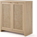 OAKHAM HOME Rattan Sideboard Buffet Cabinet with Storage, Boho Farmhouse Credenza with Adjustable Shelves, Decorative Coffee Bar Cabinet for Kitchen, Living Room & Entryway Organization, Light Oak