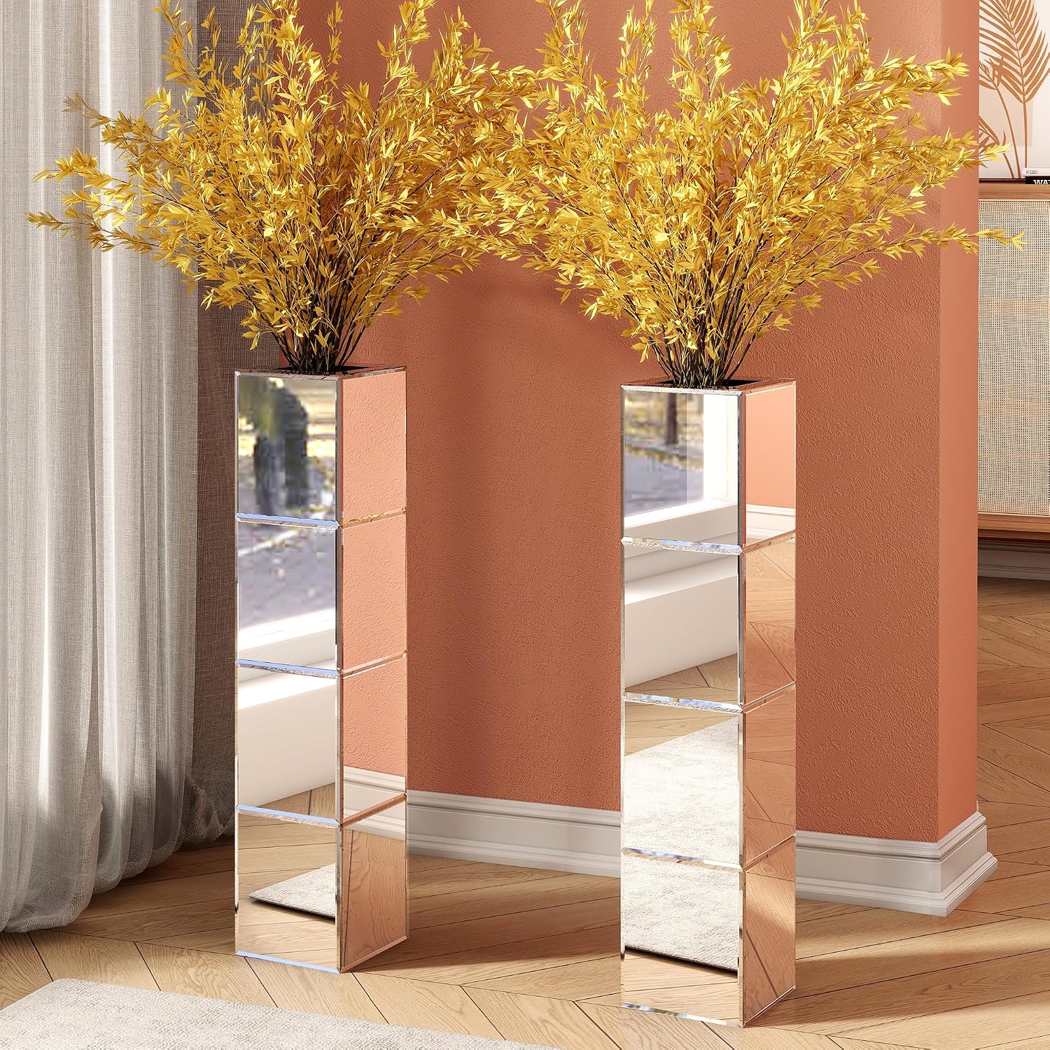 Tall Floor Vase Set of 2, 28 inch Mirrored Vases for Floor Home Decorative Large Cube Vase Silver for Dried Flower Modern Glass Vases for Living Room