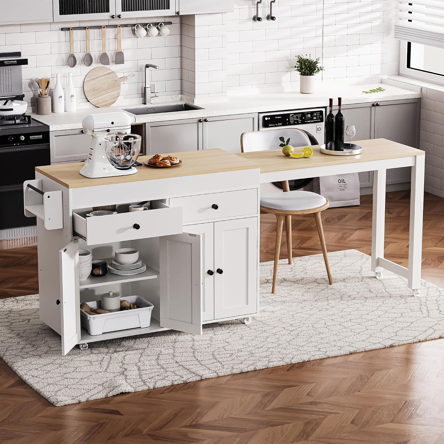 74.5' Rolling Kitchen Island with Extendable Dining Table, Kitchen Storage Cart on Wheels with 2 Drawers, Spice Rack, 4 Door Cabinet for Kitchen, Dining Room, White