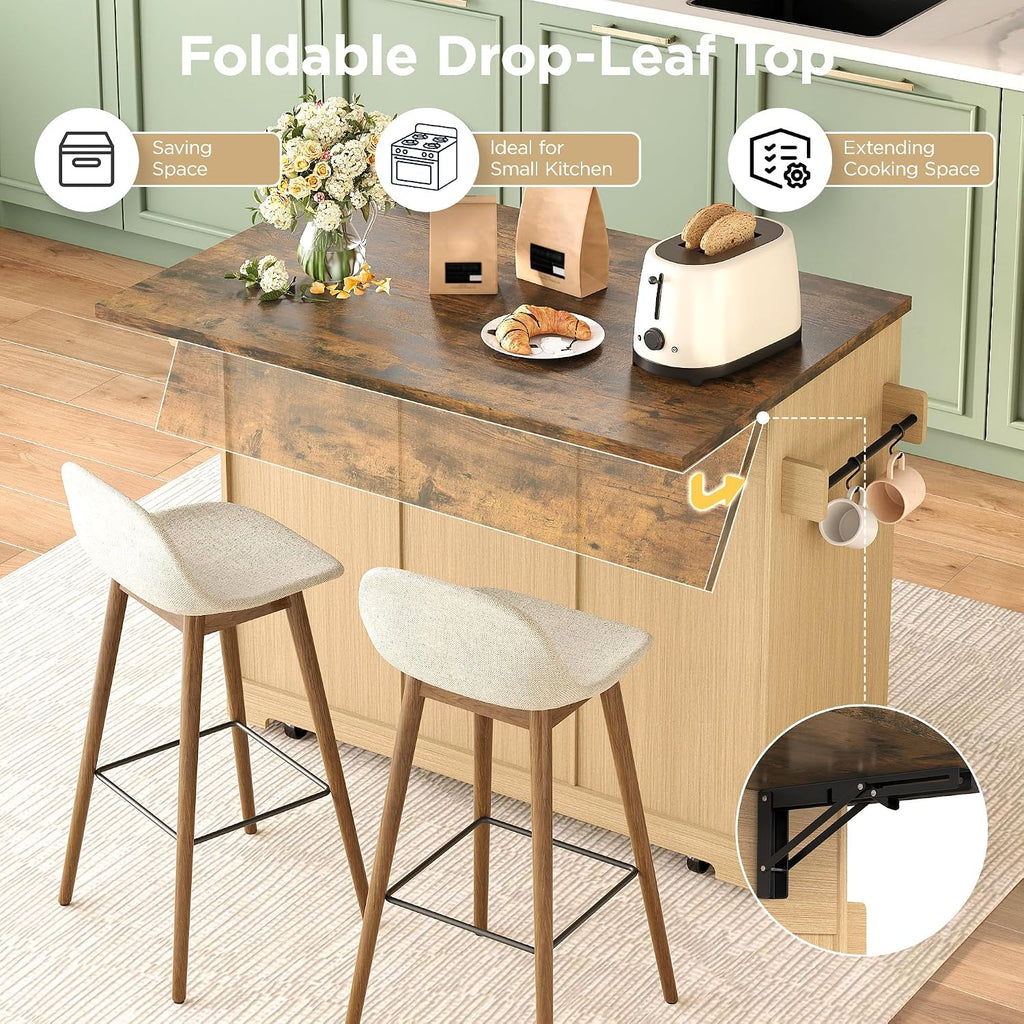 FiveWillowise Kitchen Island with Drop Leaf and Wine Cabinet, Rolling Kitchen Island on Wheels with Storage Cabinets,50' Fluted Wine Bar with 3 Drawers, and Towel Rack for Kitchen, Dining Room