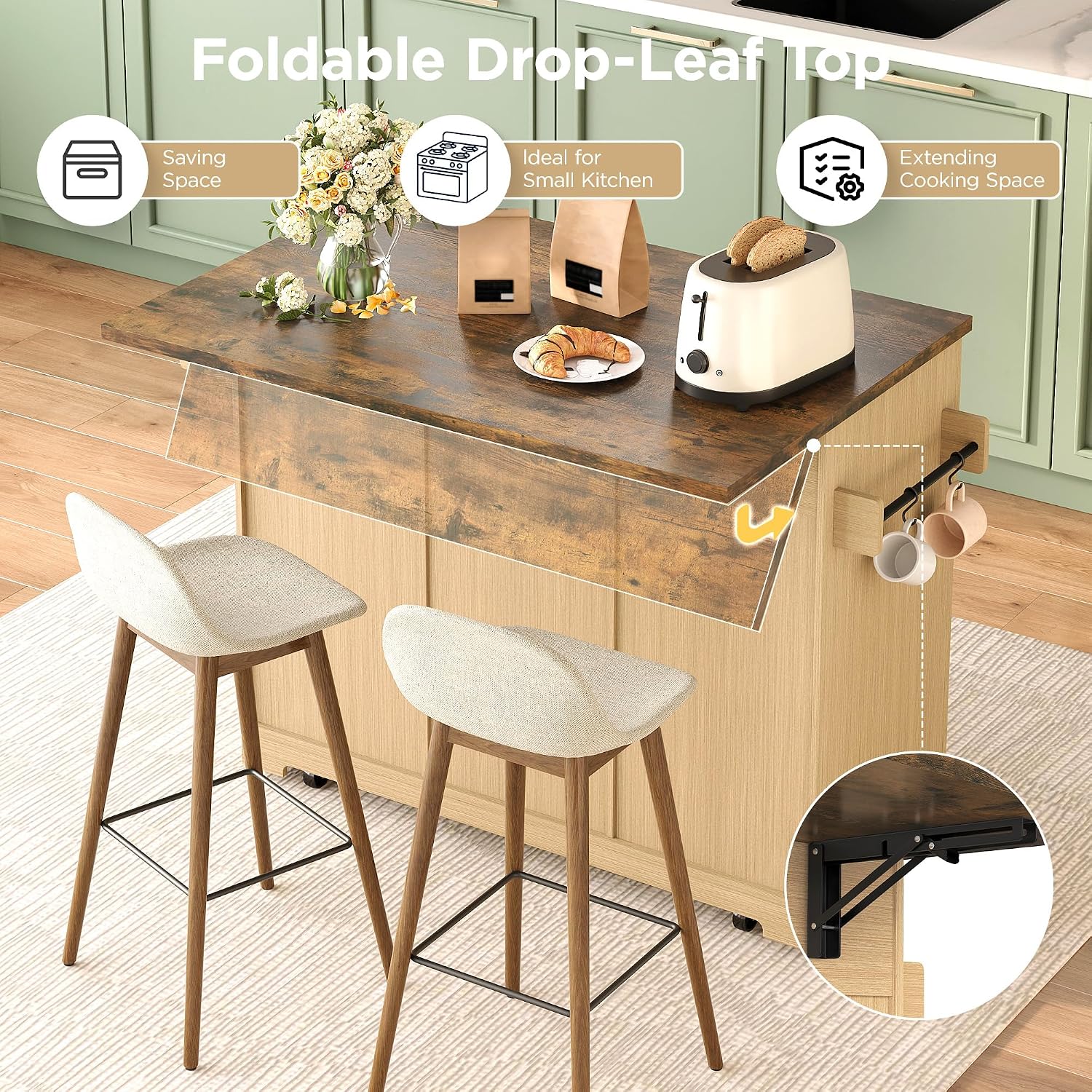 FiveWillowise Kitchen Island with Drop Leaf and Wine Cabinet, Rolling Kitchen Island on Wheels with Storage Cabinets,50' Fluted Wine Bar with 3 Drawers, and Towel Rack for Kitchen, Dining Room