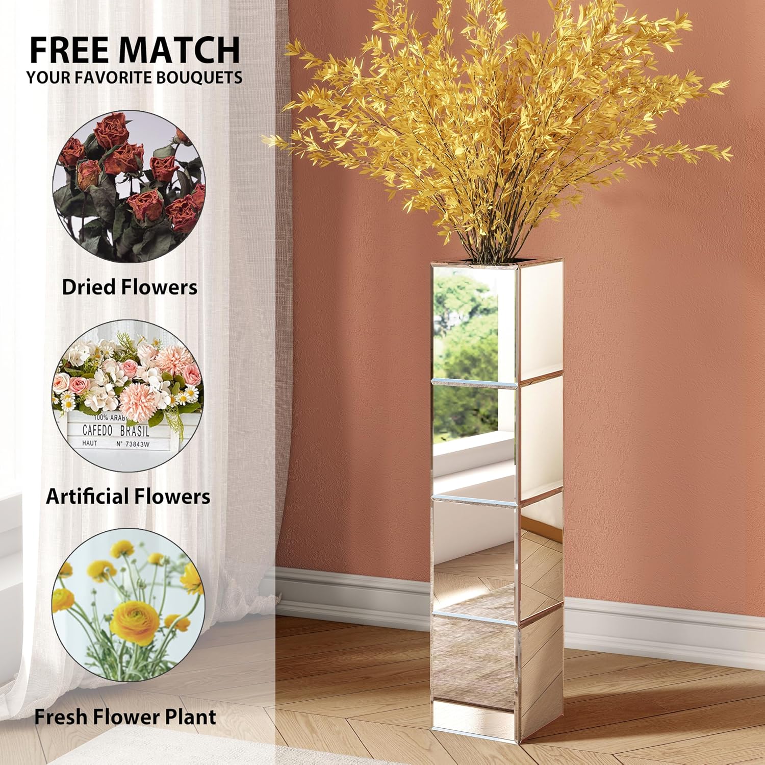 Tall Floor Vase Set of 2, 28 inch Mirrored Vases for Floor Home Decorative Large Cube Vase Silver for Dried Flower Modern Glass Vases for Living Room