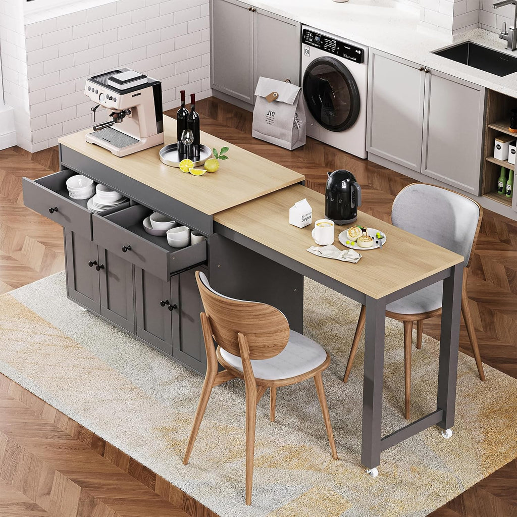 74.5' Rolling Kitchen Island with Extendable Dining Table, Storage Cart on Wheels with 2 Drawers, Spice Rack, 4 Door Cabinet for Kitchen, Dining Room, Grey