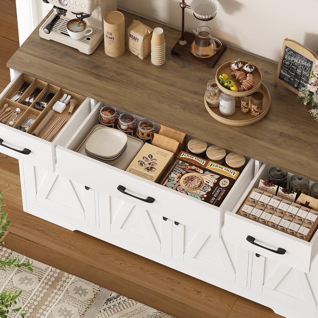 HOSTACK Buffet Cabinet with Drawers, 55' Large Sideboard Buffet Storage Cabinet with Shelves and Doors, Modern Farmhouse Coffee Bar Station Wood Kitchen Table for Kitchen, Dining Room, White/Rustic