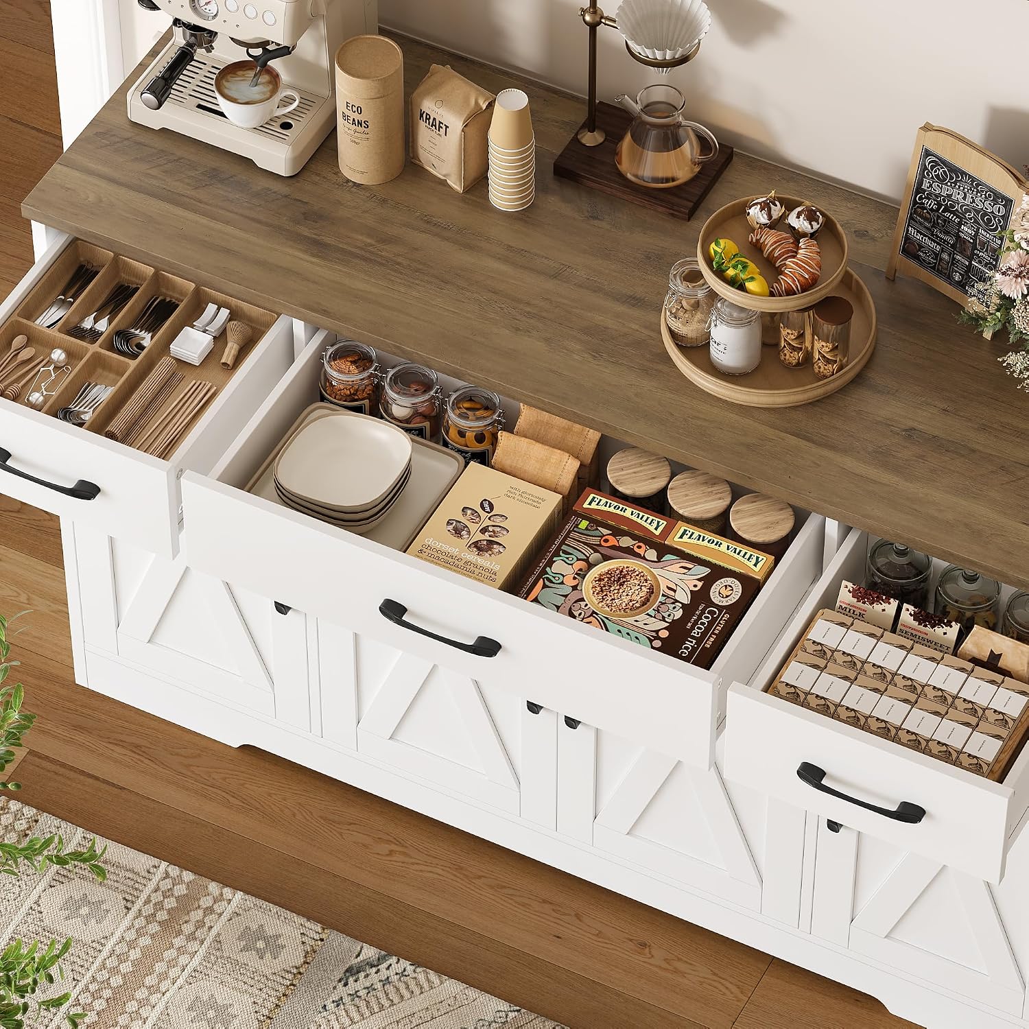 HOSTACK Buffet Cabinet with Drawers, 55' Large Sideboard Buffet Storage Cabinet with Shelves and Doors, Modern Farmhouse Coffee Bar Station Wood Kitchen Table for Kitchen, Dining Room, White/Rustic