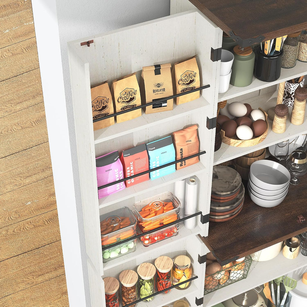 71' Tall Kitchen Pantry Cabinet, Farmhouse Tall Kitchen Storage Cabinet with Adjustable Shelves & 4 Barn Style Doors, Wooden Storage Cabinet for Kitchen, Dining Room, Living Room, Bathroom, Office