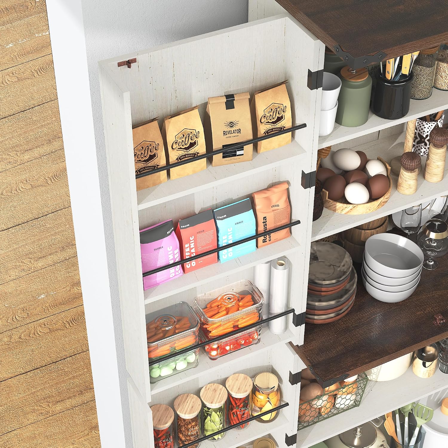 71' Tall Kitchen Pantry Cabinet, Farmhouse Tall Kitchen Storage Cabinet with Adjustable Shelves & 4 Barn Style Doors, Wooden Storage Cabinet for Kitchen, Dining Room, Living Room, Bathroom, Office