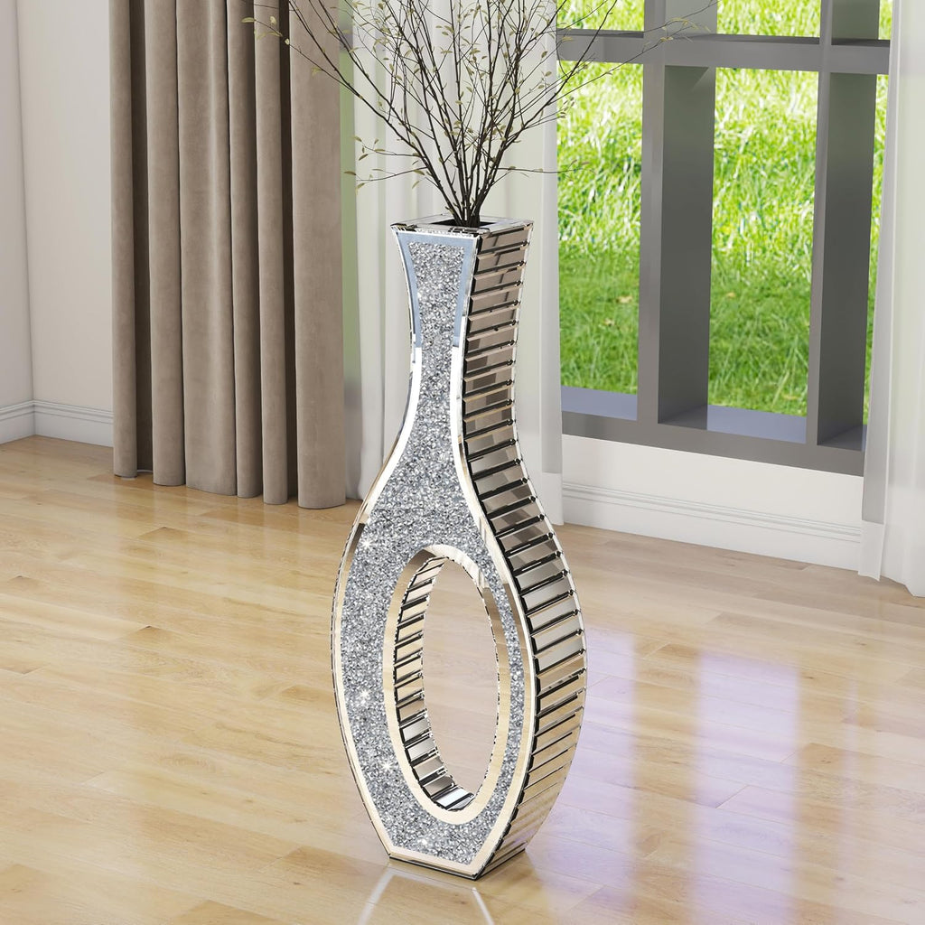 SHYFOY Floor Vase Crushed Diamond Mirrored Vase 30' Tall, Large Silver Tall Vases for Floor Crystal Hollow Decorative Glass Vases for Luxury Home Decor Living Room Office Bedroom Kitchen