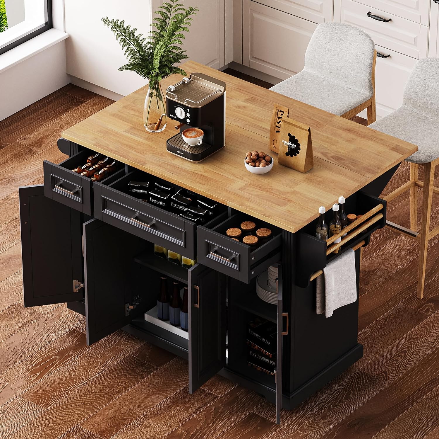 54' Rolling Storage Kitchen Island Cart on 4 Wheels with Drop Leaf, Embossed Texture, 4 Doors and 3 Drawers for Kitchen, Dining Room, Black, Rubber Wood Top