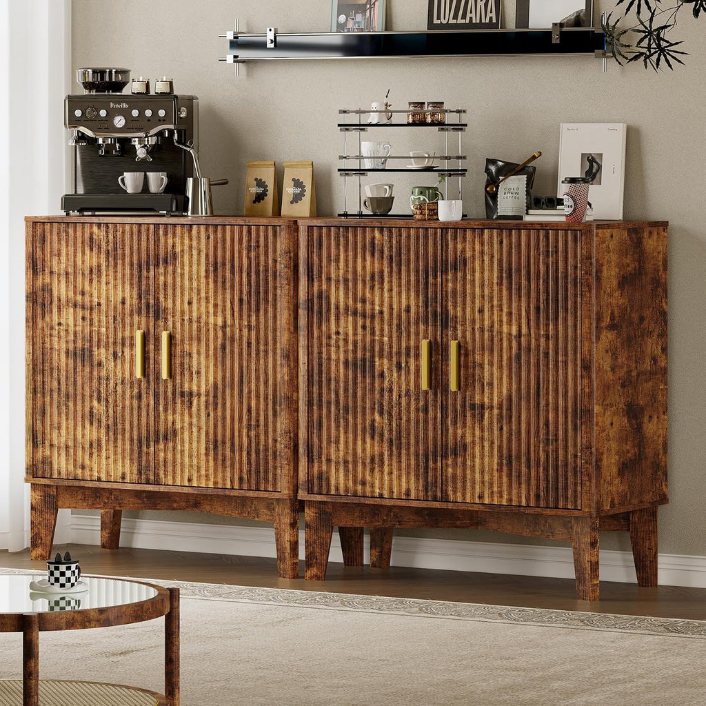 BORNOON Storage Cabinet with Doors and Adjustable Shelf, Modern Fluted Sideboard Buffet Cabinet, Freestanding Coffee Bar for Kitchen, Pantry, Entryway, Living Room (Rustic Brown)