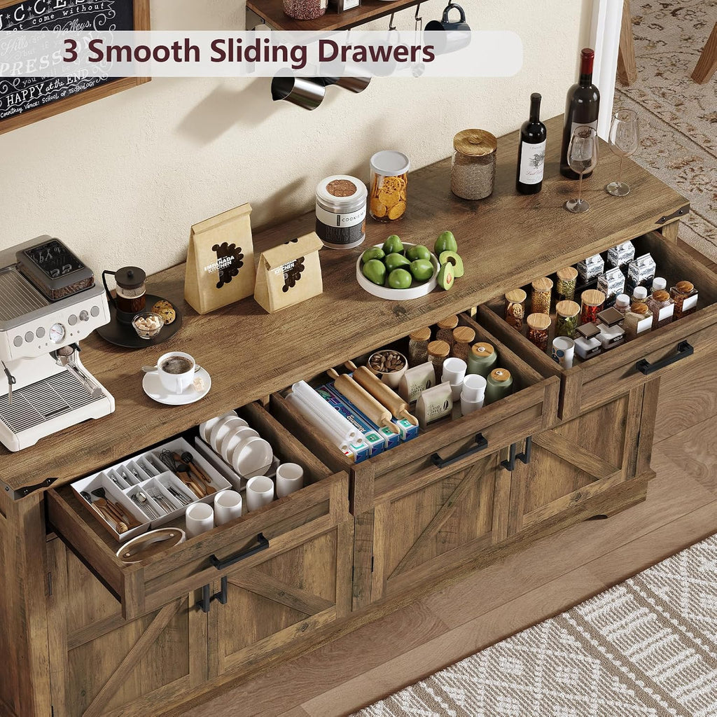 usikey 61' Large Buffet Cabinet with 4 Doors and 3 Drawers, Farmhouse Buffet Sideboard Cabinet with Storage, Coffee Bar Wine Bar for Living Room, Honey Brown