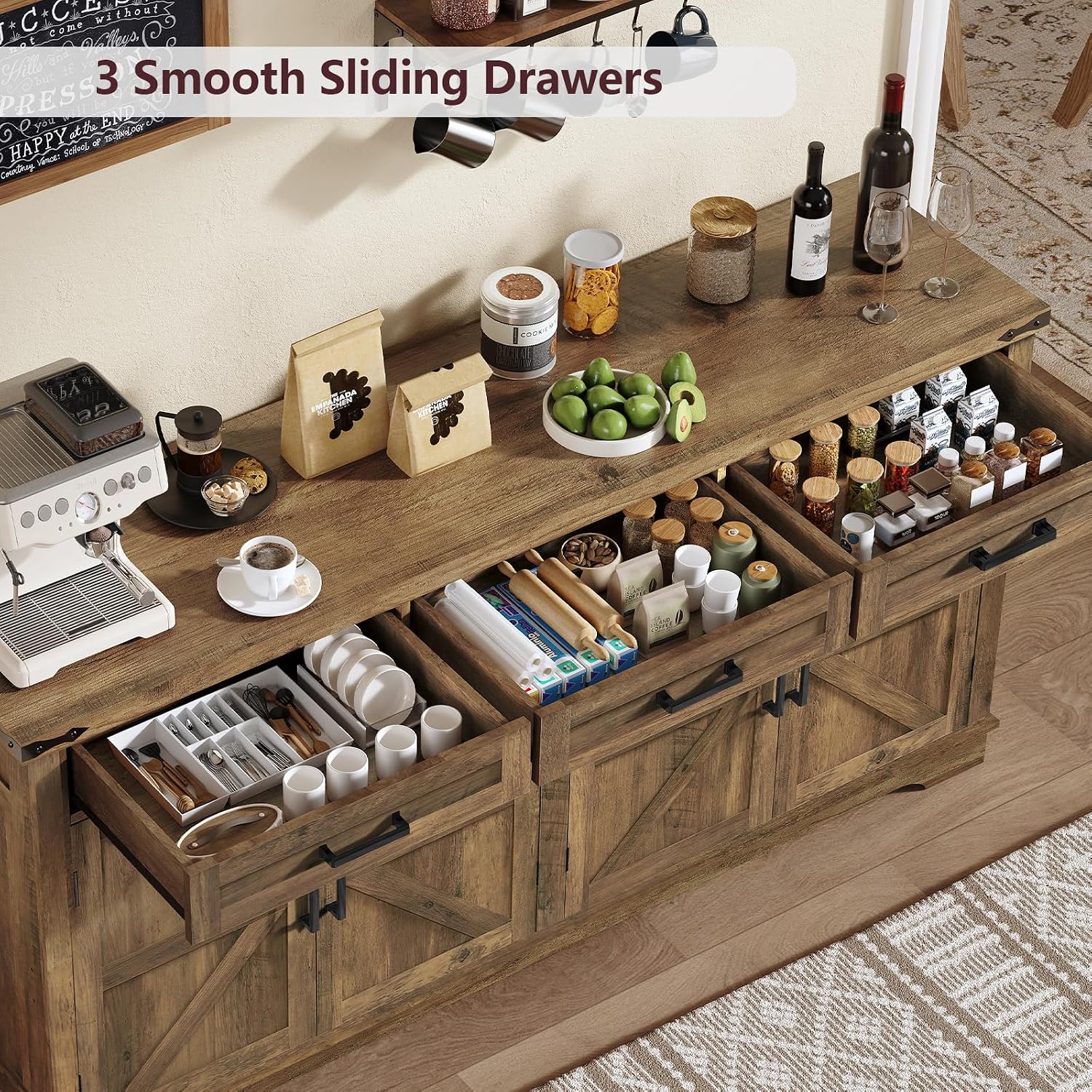 usikey 61' Large Buffet Cabinet with 4 Doors and 3 Drawers, Farmhouse Buffet Sideboard Cabinet with Storage, Coffee Bar Wine Bar for Living Room, Honey Brown